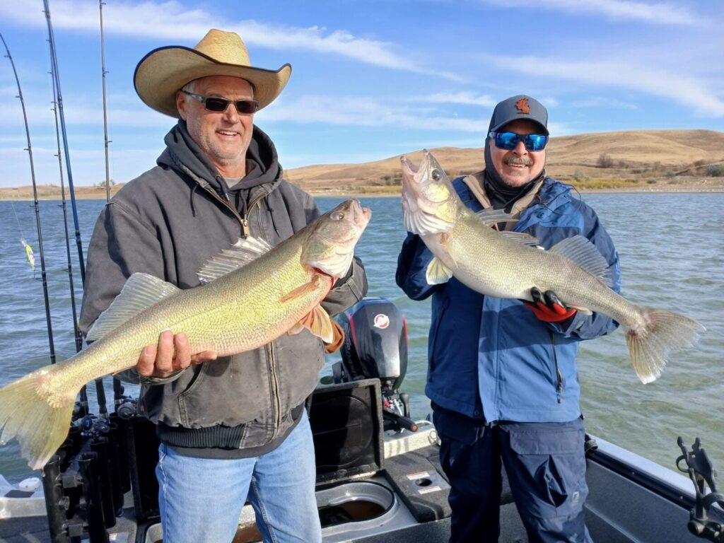 Guided clients with walleyes aboard Wade's boat on Lake Oahe
