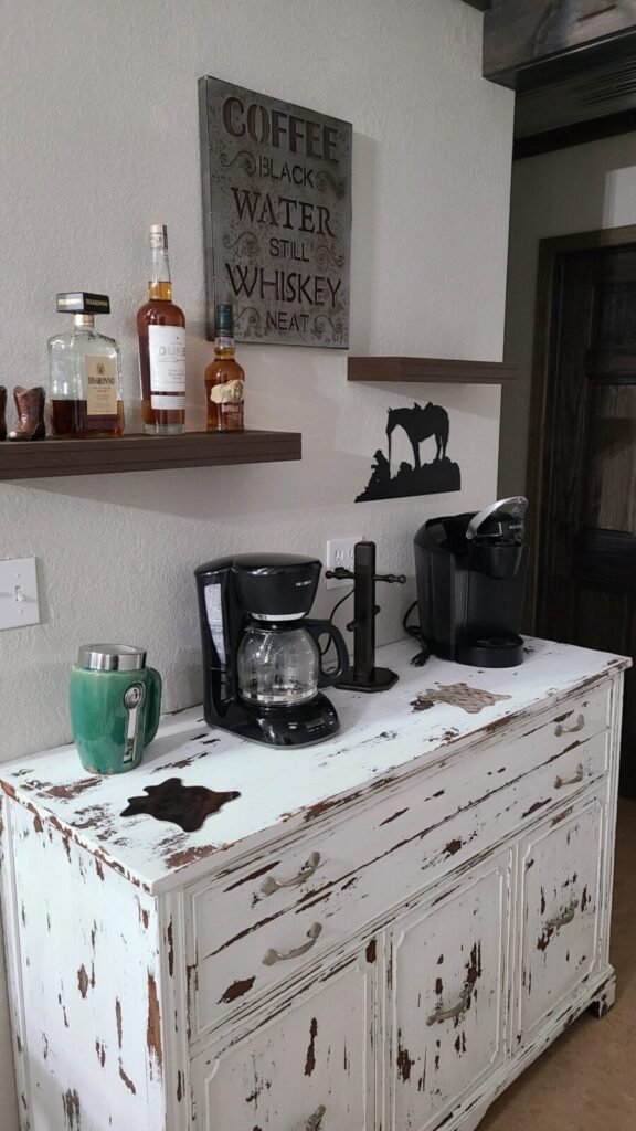 Coffee and beverage bar inside the Lazy A Ranch guest house
