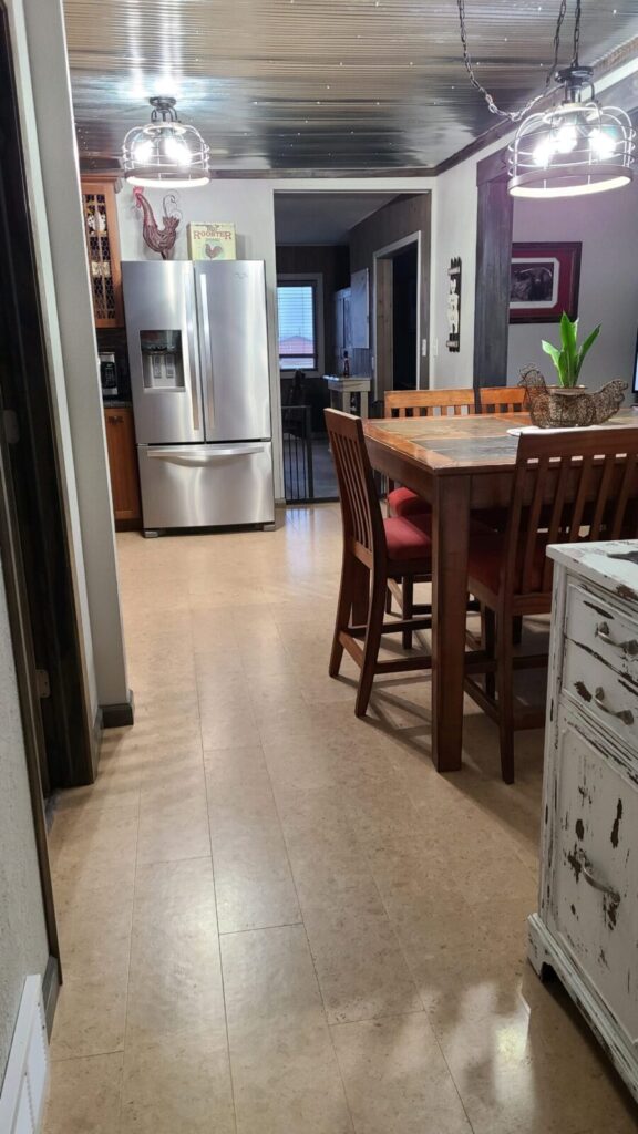 Farmhouse kitchen and dining area inside the Lazy A Ranch guest house