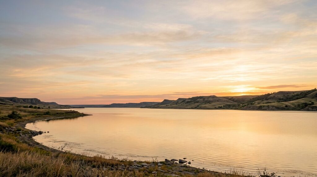 Sunrise over the calm water of Lake Oahe near Mobridge, South Dakota