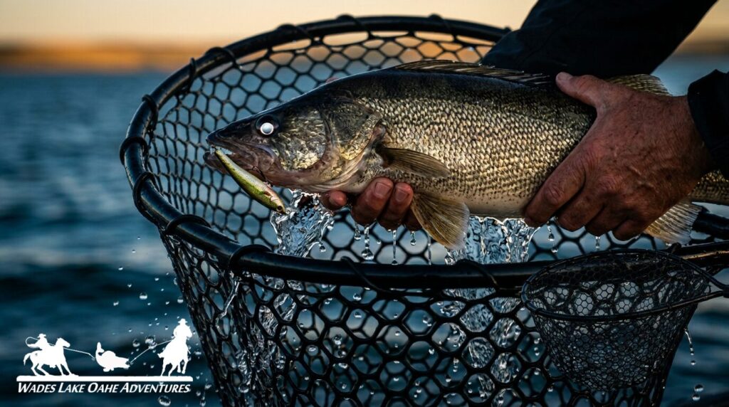 A freshly caught Walleye in a net, water dripping, on Lake Oahe near Mobridge, South Dakota